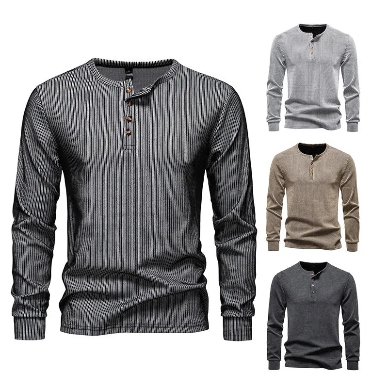 Men's long sleeve slim fit striped sports T-shirt in cotton blend, front view