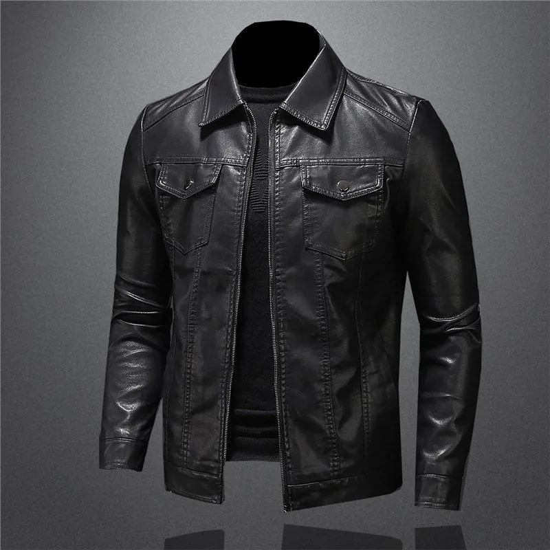 Men's thin artificial leather jacket in Black Plus Velvet with loose fit and straight hem, standing front view