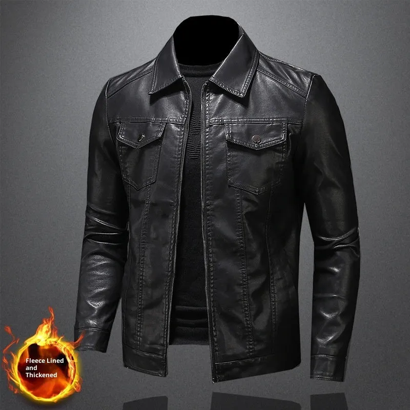 Men's thin artificial leather jacket in Black Plus Velvet with loose fit and straight hem, standing front view