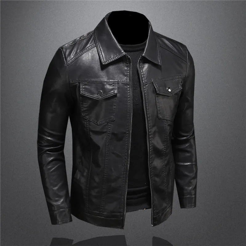 Men's thin artificial leather jacket in Black Plus Velvet with loose fit and straight hem, standing front view