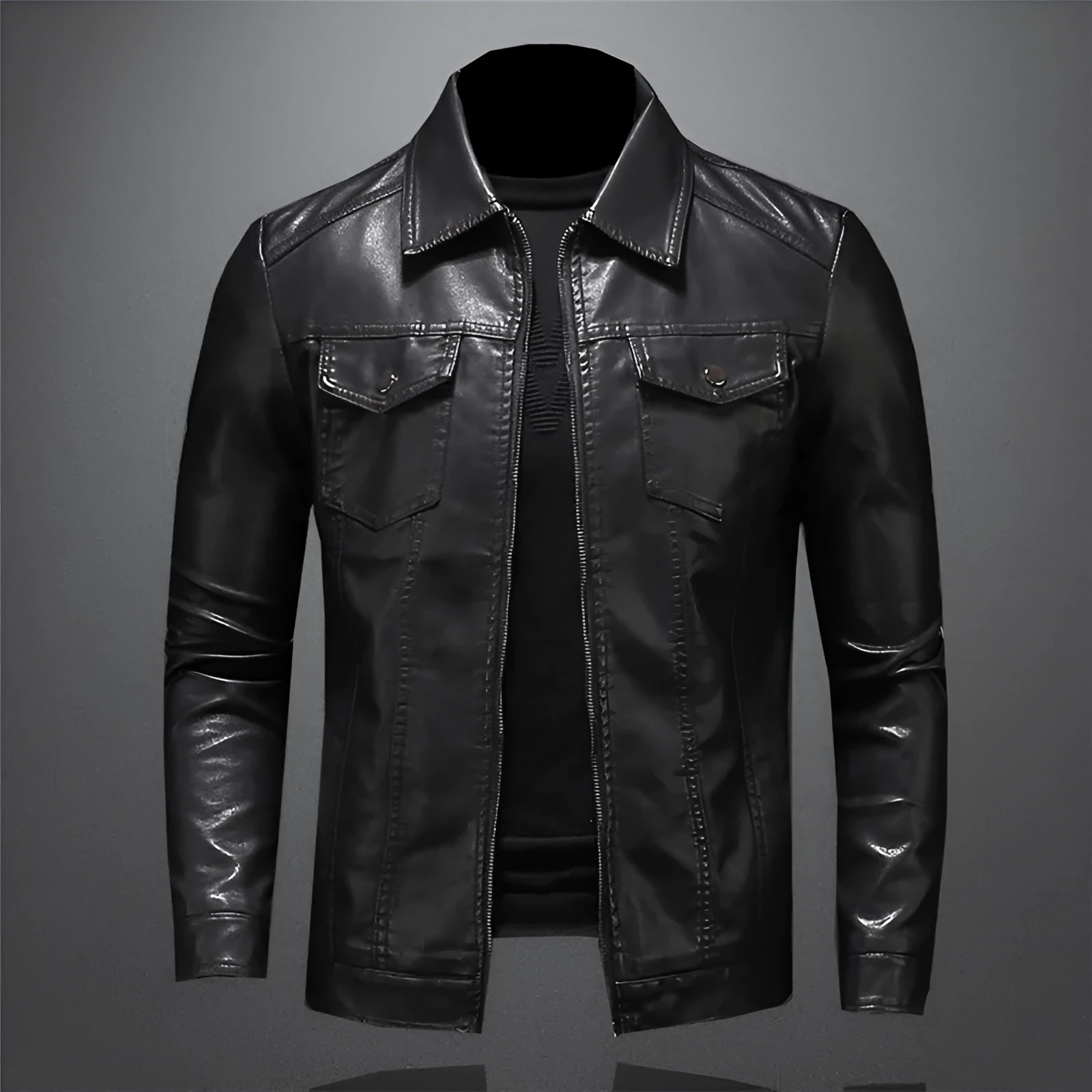 Men's thin artificial leather jacket in Black Plus Velvet with loose fit and straight hem, standing front view