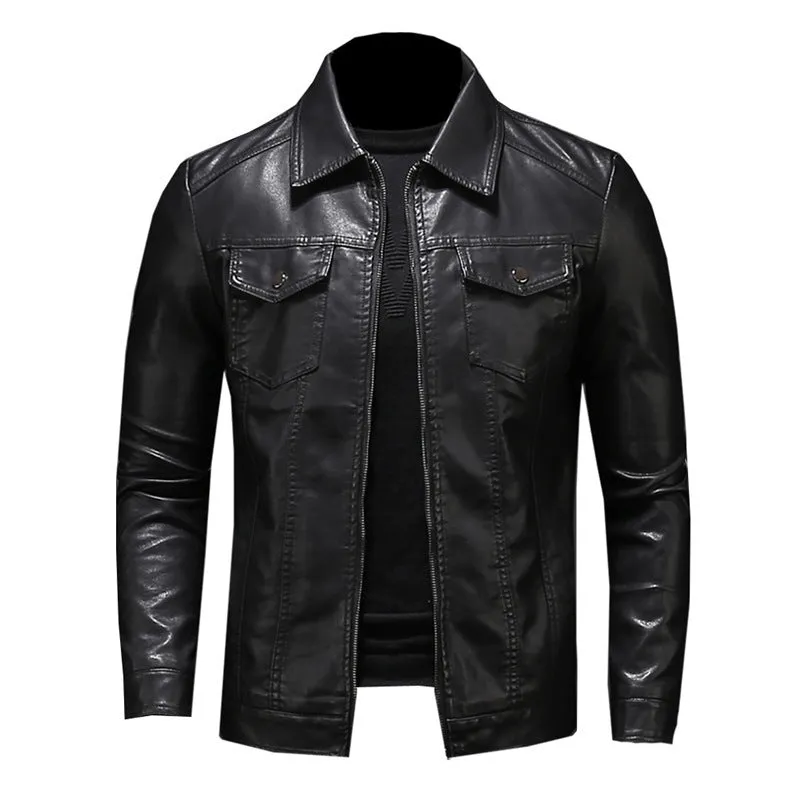 Men's thin artificial leather jacket in Black Plus Velvet with loose fit and straight hem, standing front view