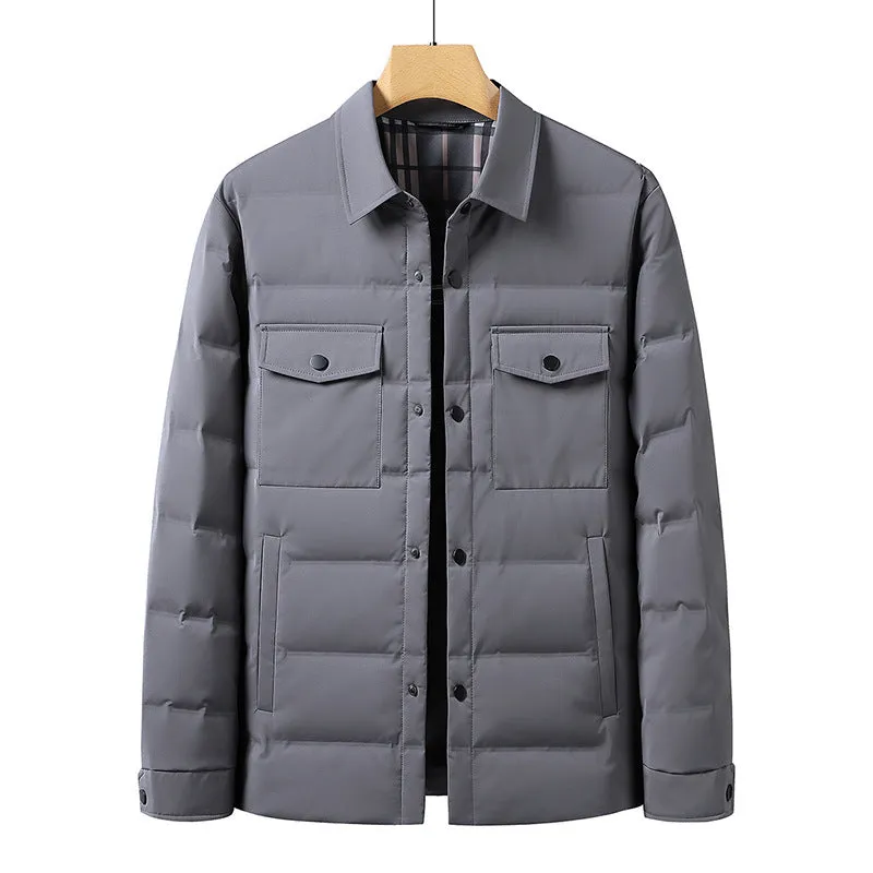 White duck down simple polo collar jacket in black with thickening build, polyester shell, sizes M to 4XL