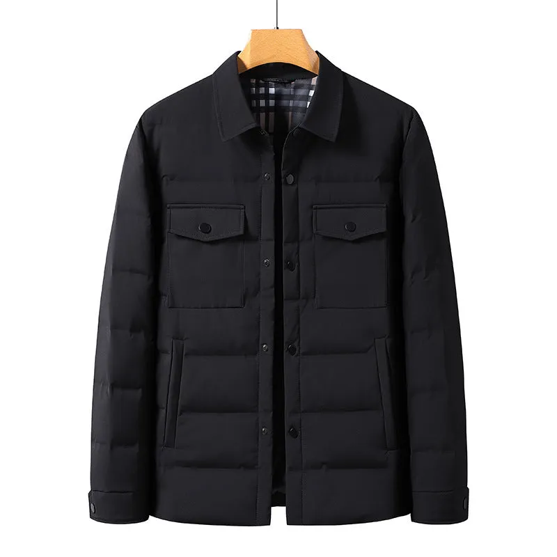 White duck down simple polo collar jacket in black with thickening build, polyester shell, sizes M to 4XL