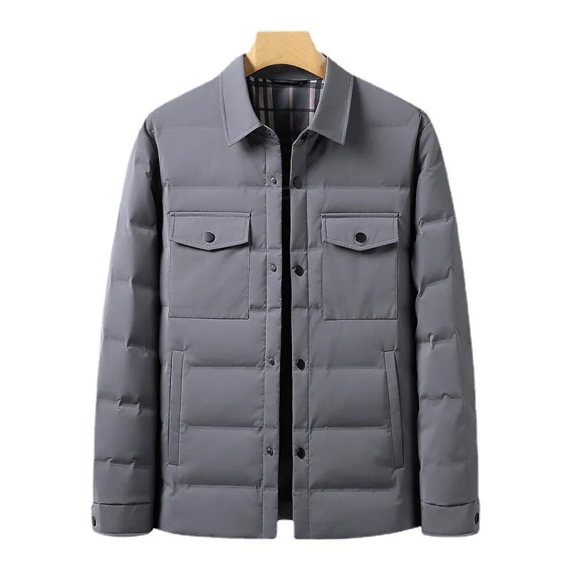 White duck down simple polo collar jacket in black with thickening build, polyester shell, sizes M to 4XL