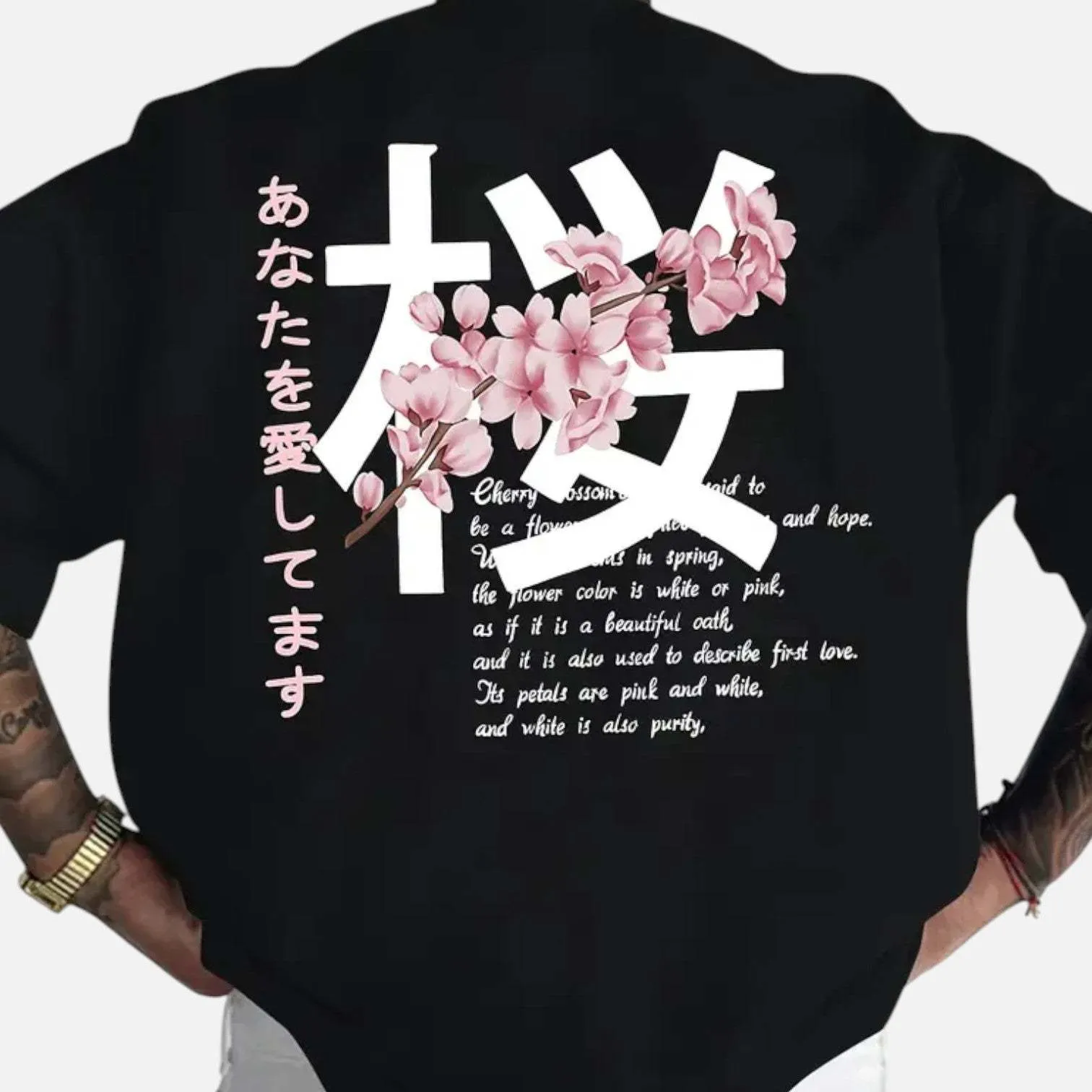 Men's short-sleeved loose fit cotton T-shirt in black pullover style on model