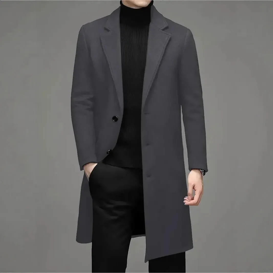 Men's slim-fit woolen coat in solid colour, side seam pockets, 100cm length, polyester