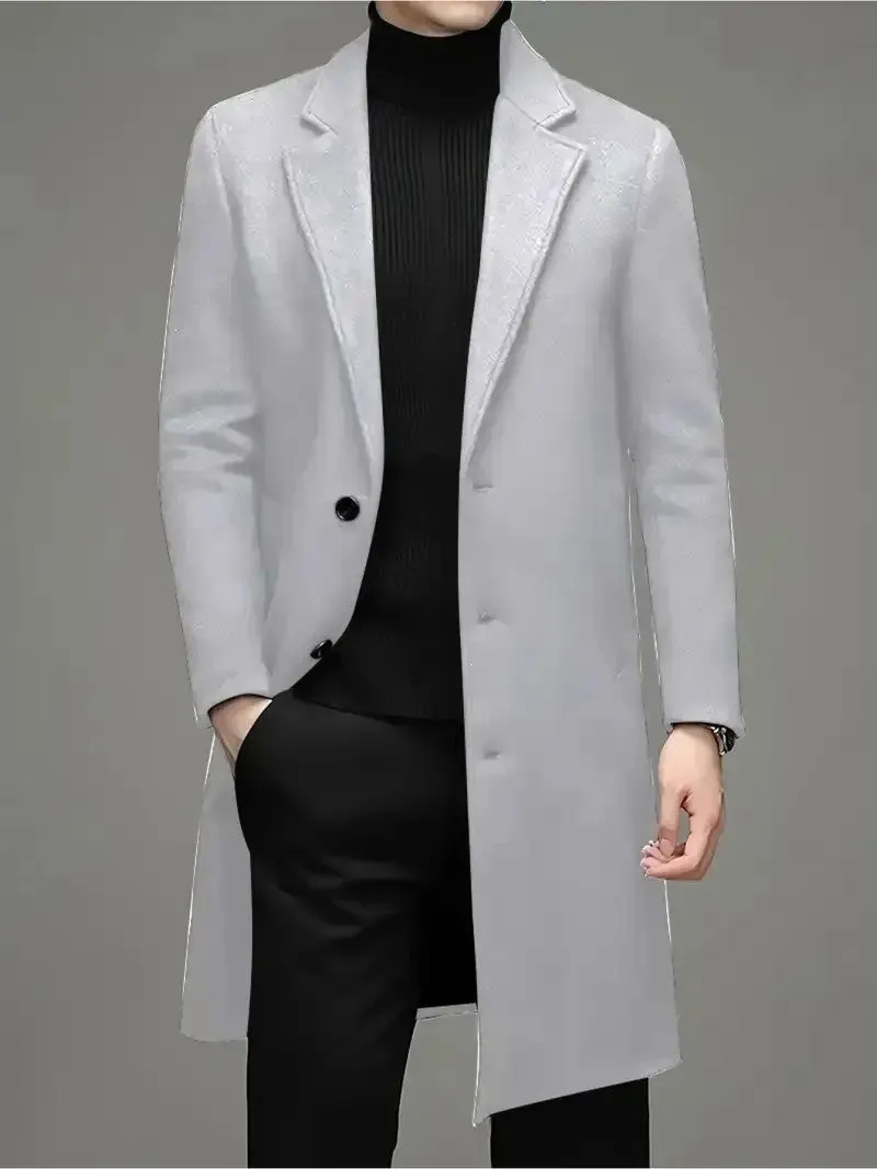 Men's slim-fit woolen coat in solid colour, side seam pockets, 100cm length, polyester