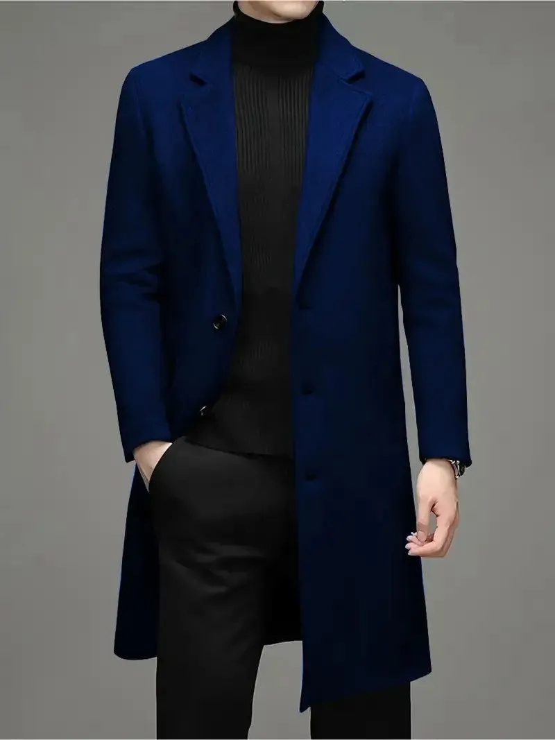 Men's slim-fit woolen coat in solid colour, side seam pockets, 100cm length, polyester