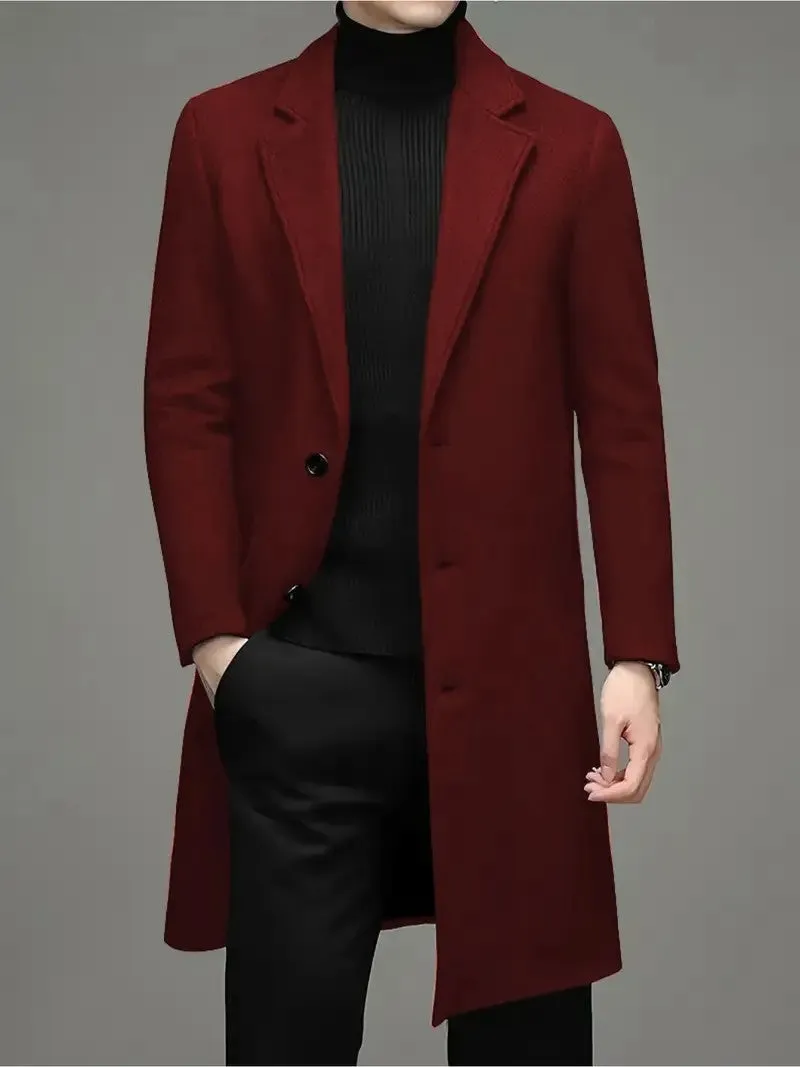 Men's slim-fit woolen coat in solid colour, side seam pockets, 100cm length, polyester