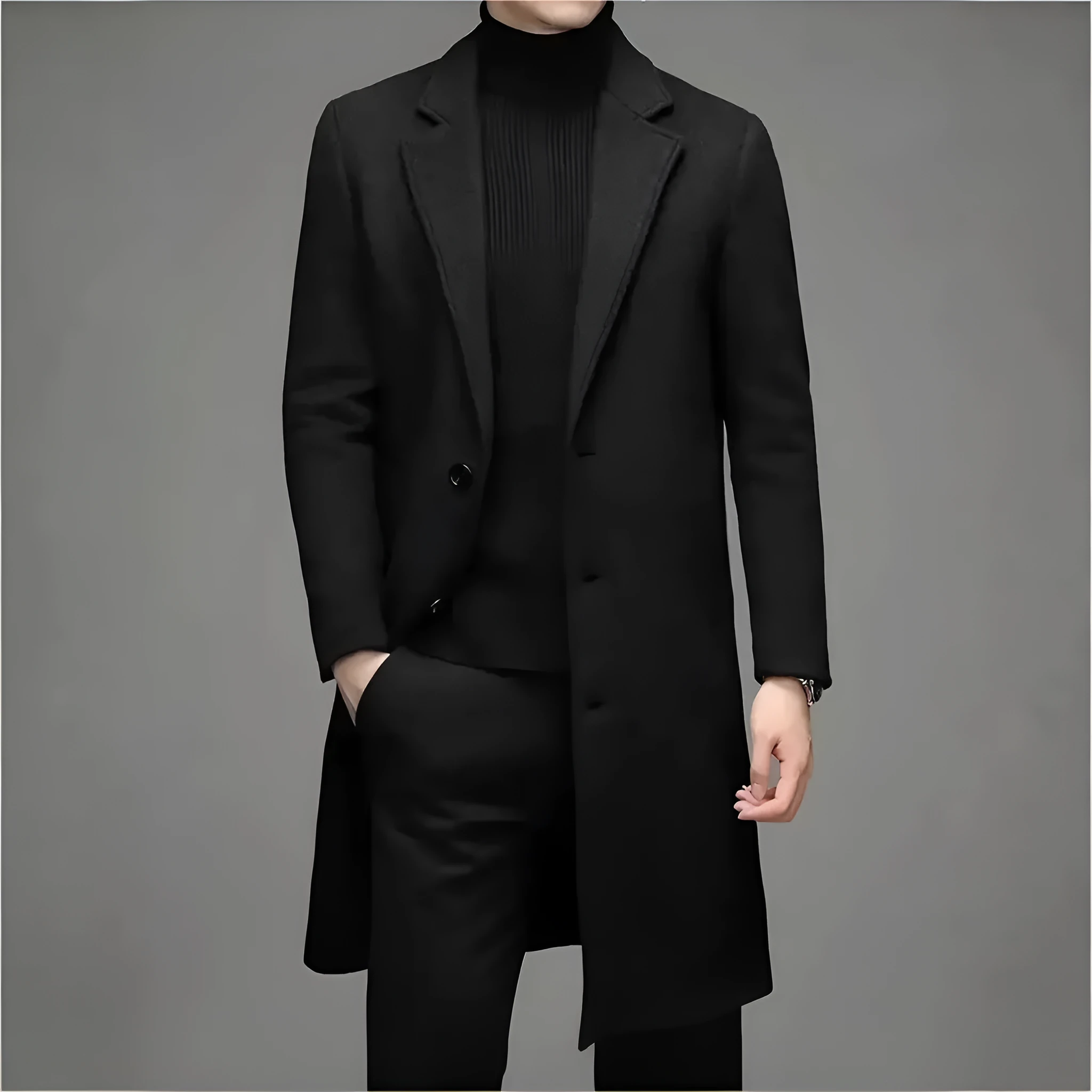 Men's slim-fit woolen coat in solid colour, side seam pockets, 100cm length, polyester