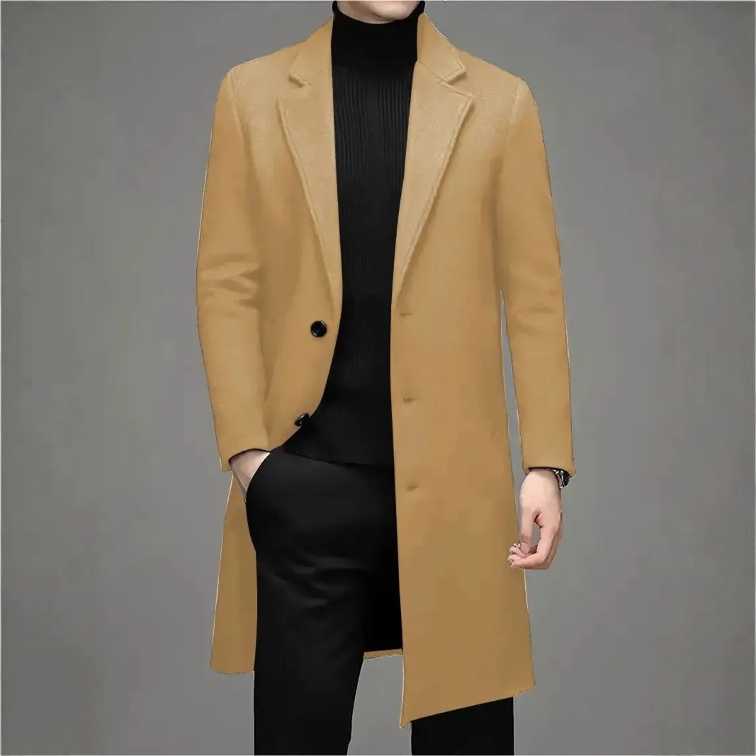 Men's slim-fit woolen coat in solid colour, side seam pockets, 100cm length, polyester