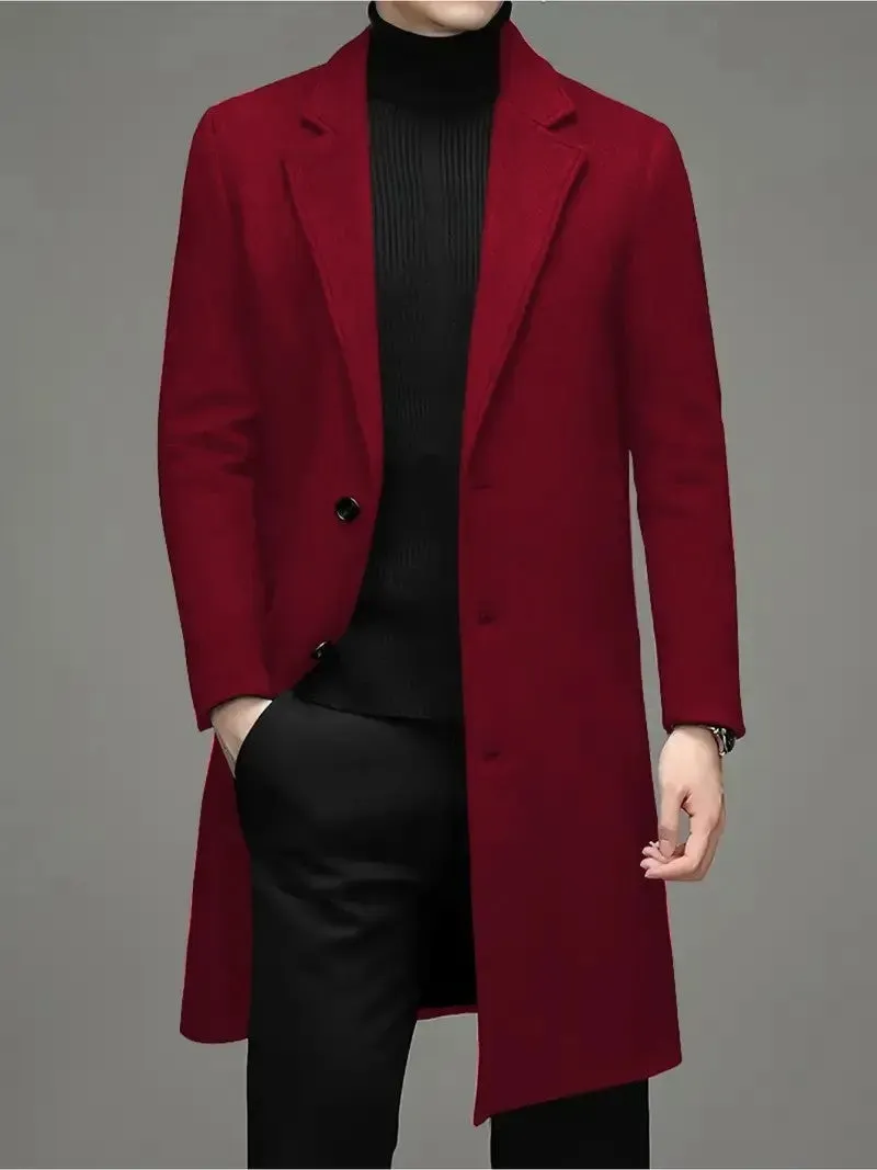 Men's slim-fit woolen coat in solid colour, side seam pockets, 100cm length, polyester