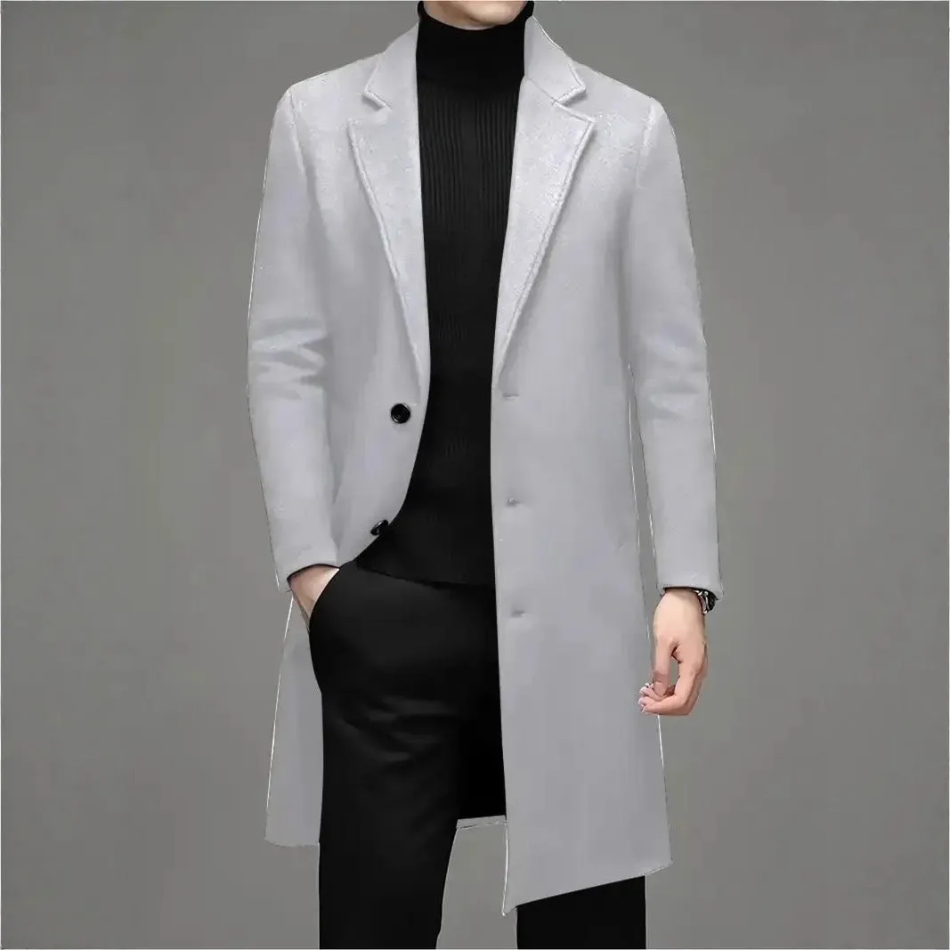 Men's slim-fit woolen coat in solid colour, side seam pockets, 100cm length, polyester