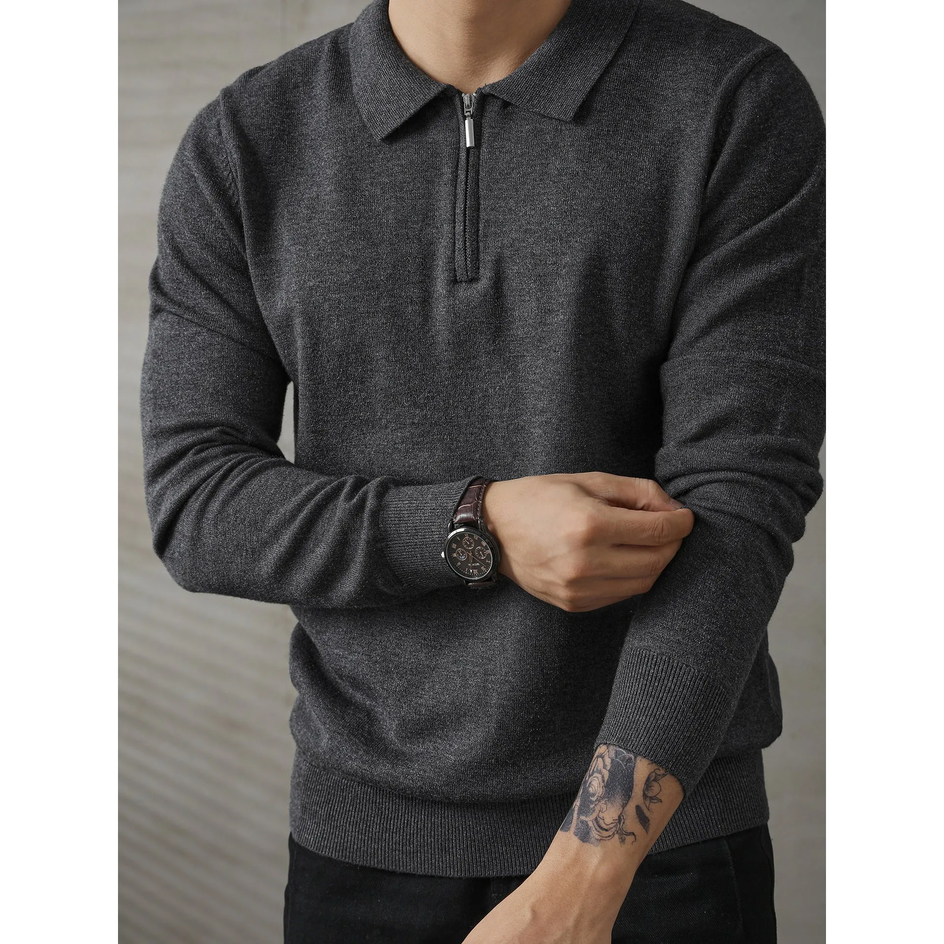 Men's loose-fit acrylic half-zip knitted long-sleeved polo shirt sweater in dark gray