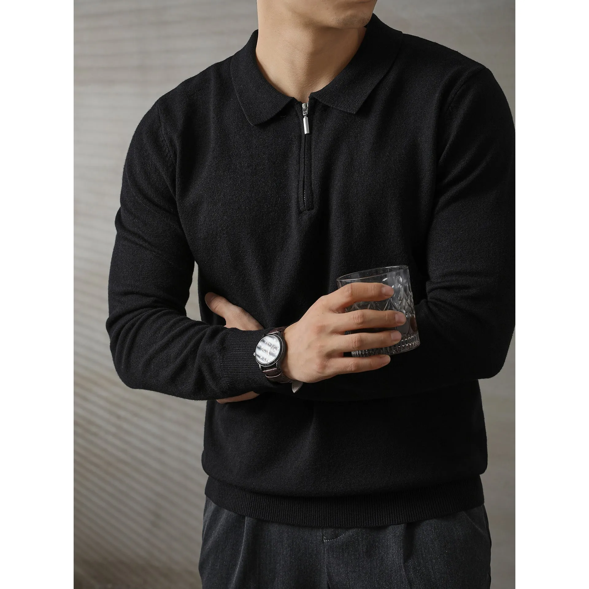 Men's loose-fit acrylic half-zip knitted long-sleeved polo shirt sweater in dark gray