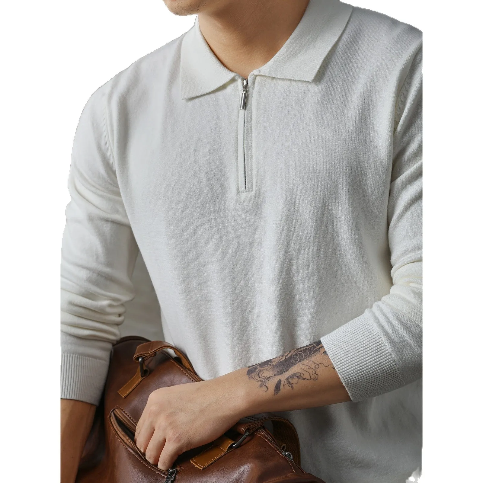 Men's loose-fit acrylic half-zip knitted long-sleeved polo shirt sweater in dark gray