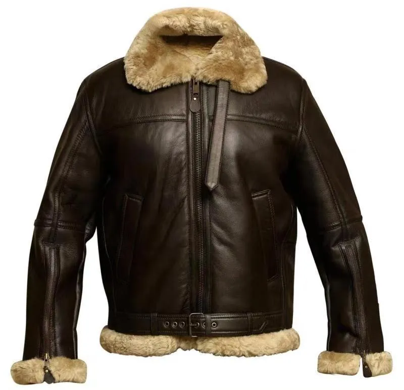Men's black winter faux leather jacket with fur lining, front zipper, and straight hem, shown from front