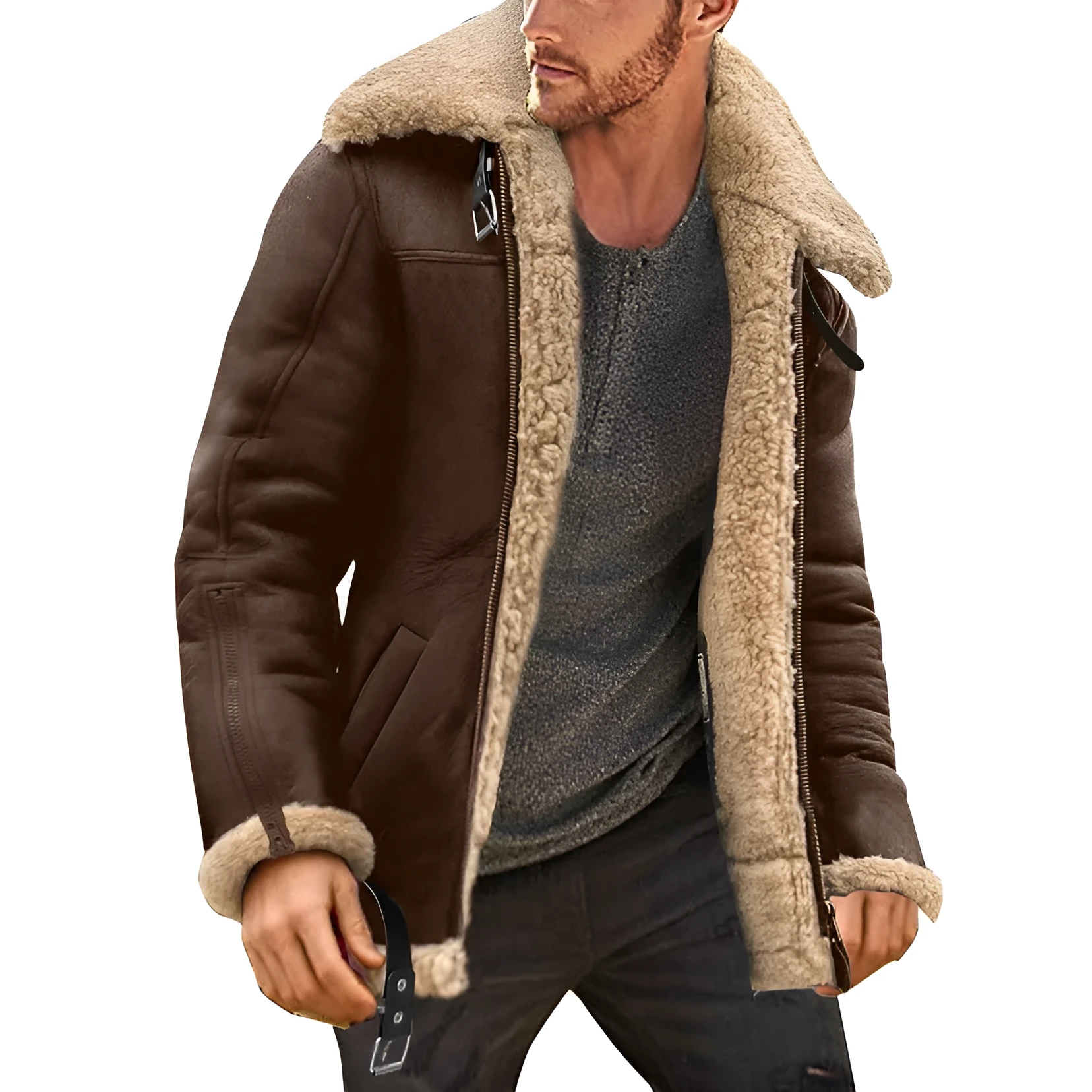 Men's black winter faux leather jacket with fur lining, front zipper, and straight hem, shown from front