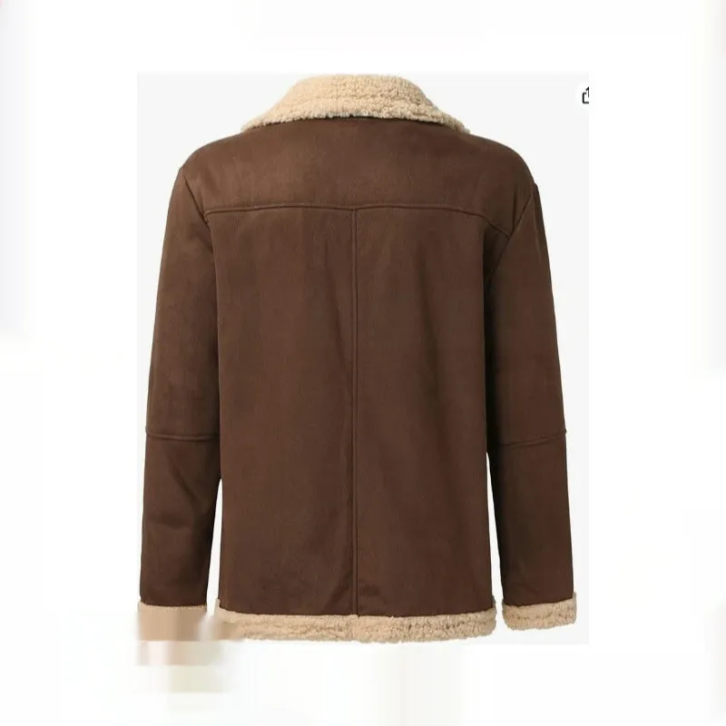 Men's black winter faux leather jacket with fur lining, front zipper, and straight hem, shown from front