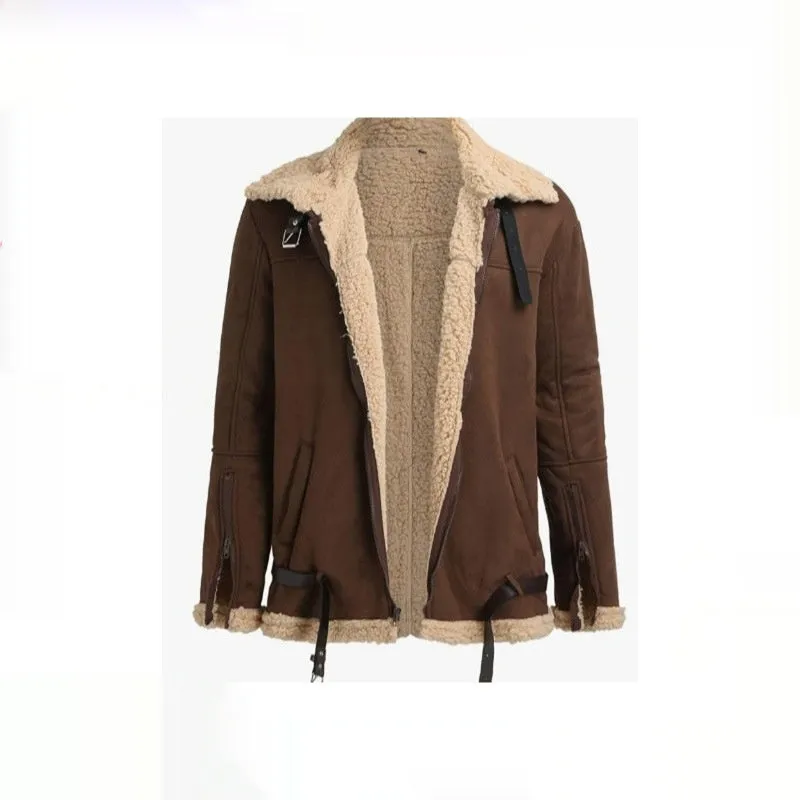 Men's black winter faux leather jacket with fur lining, front zipper, and straight hem, shown from front