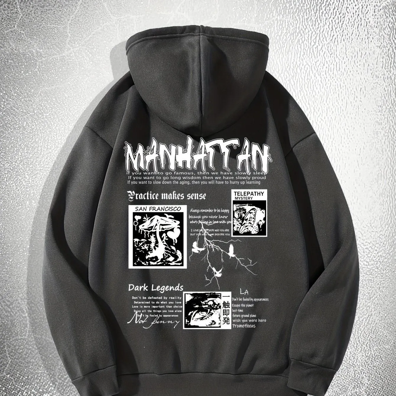 Men's geometric pattern drawstring pocket hoodie in polyester fibre, available in three colours