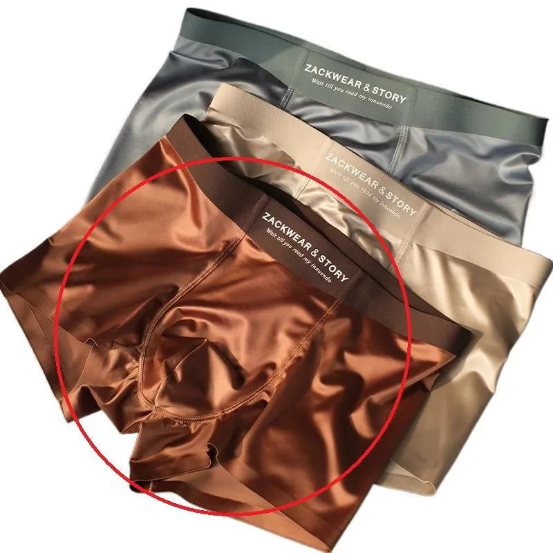 Satin light luxury men's ice silk underwear cotton mid waist shorts in brown, size L to 4XL, on plain background