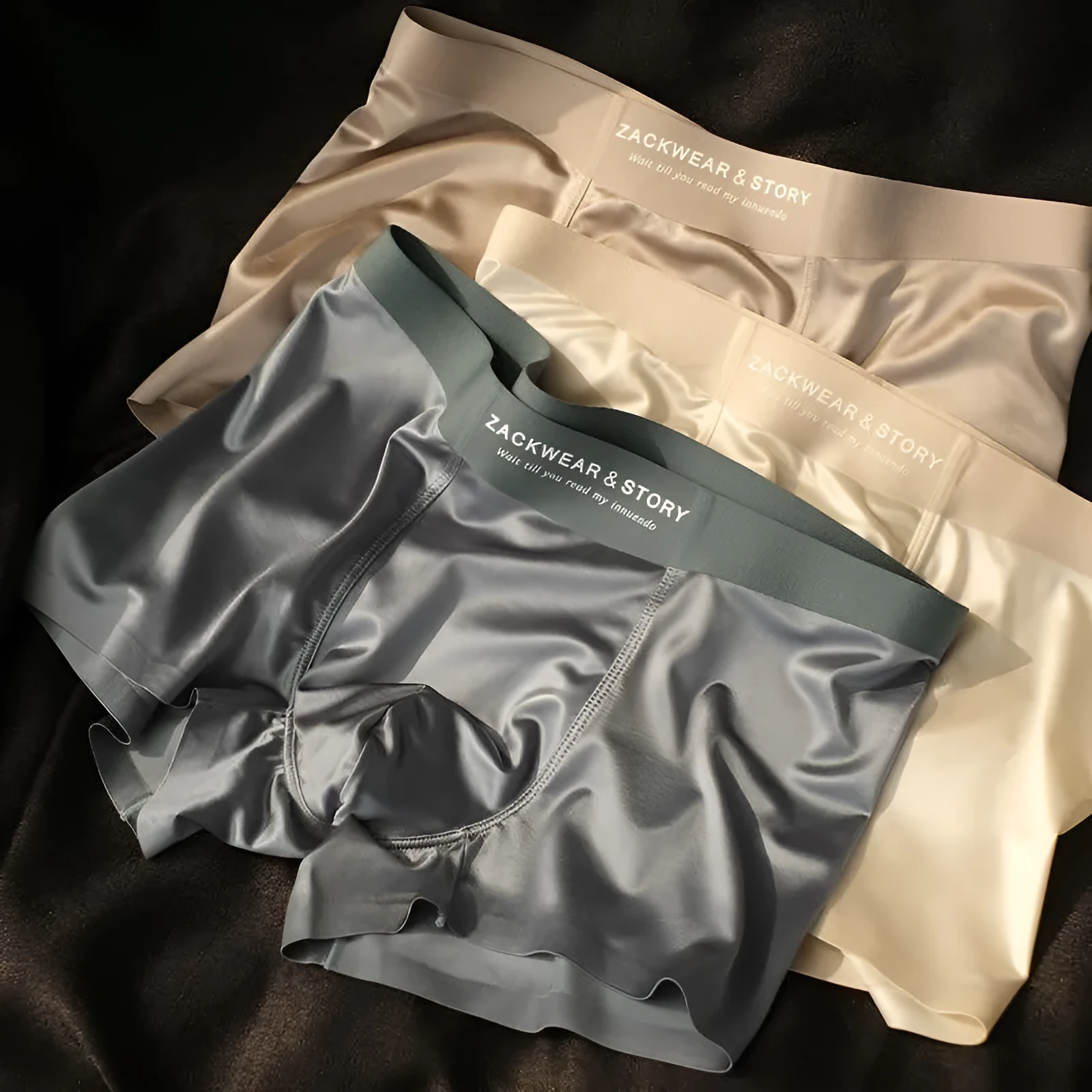 Satin light luxury men's ice silk underwear cotton mid waist shorts in brown, size L to 4XL, on plain background
