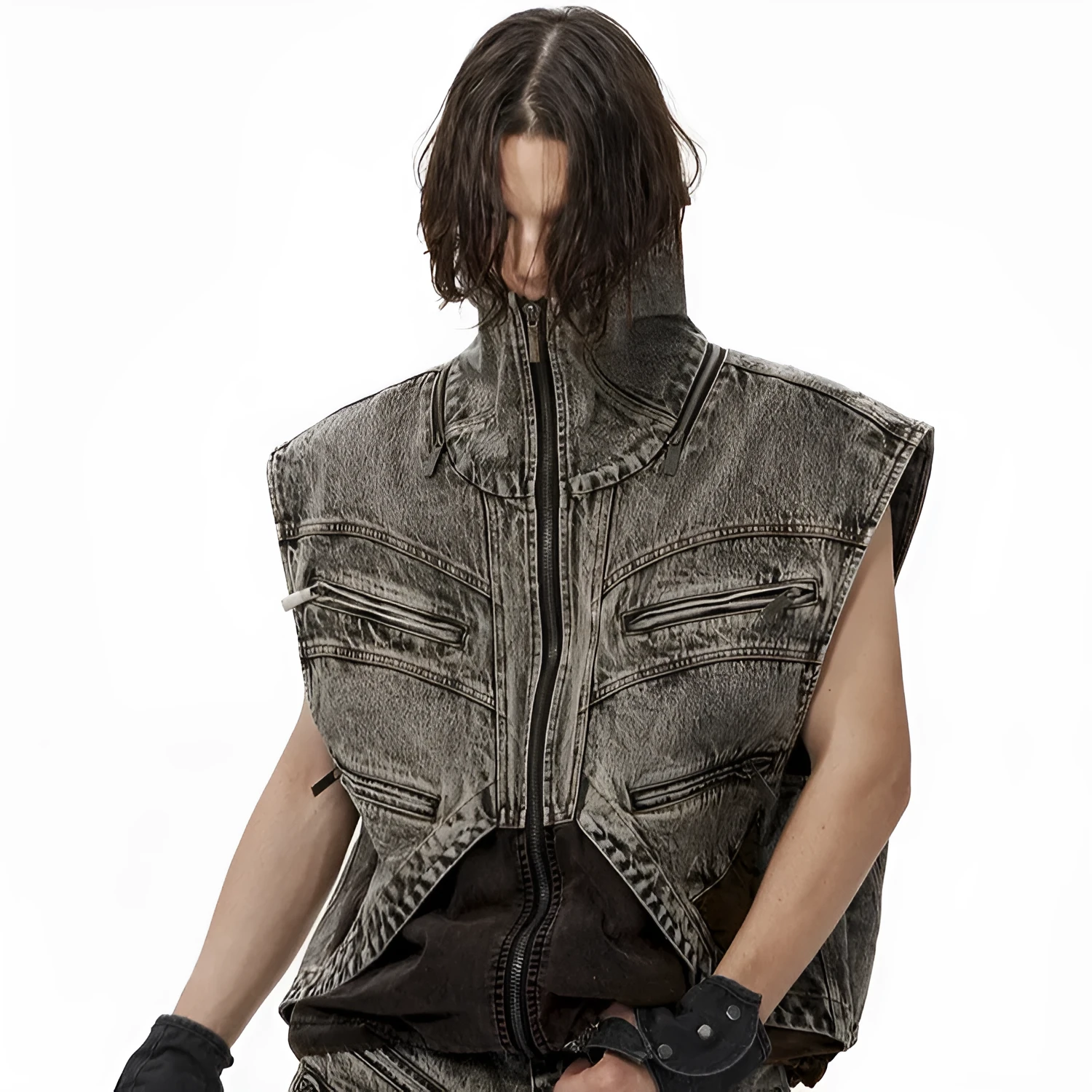 Men's sleeveless denim vest with front zipper in casual summer styling