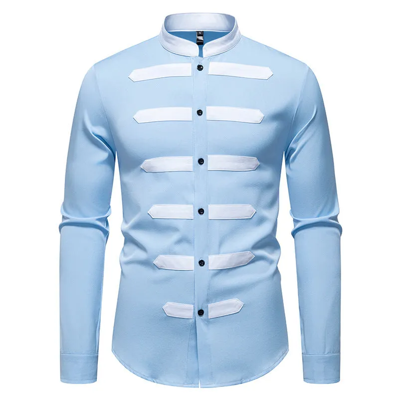 Men's slim fit casual long sleeve shirt in black, light blue, or navy blue made from polyester fabric