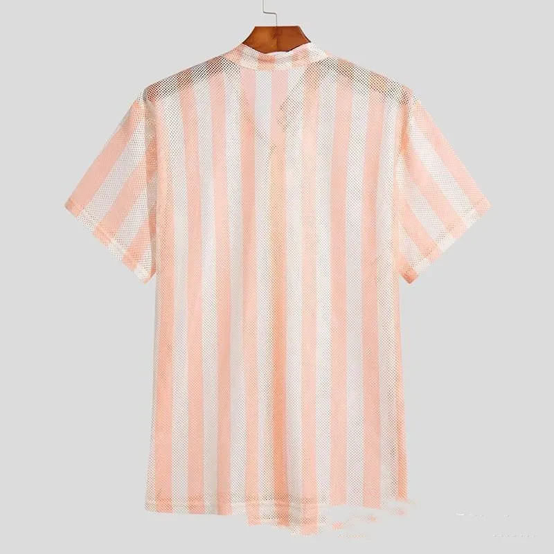 Men's pink waffle knit summer shirt with short sleeves and loose cardigan style
