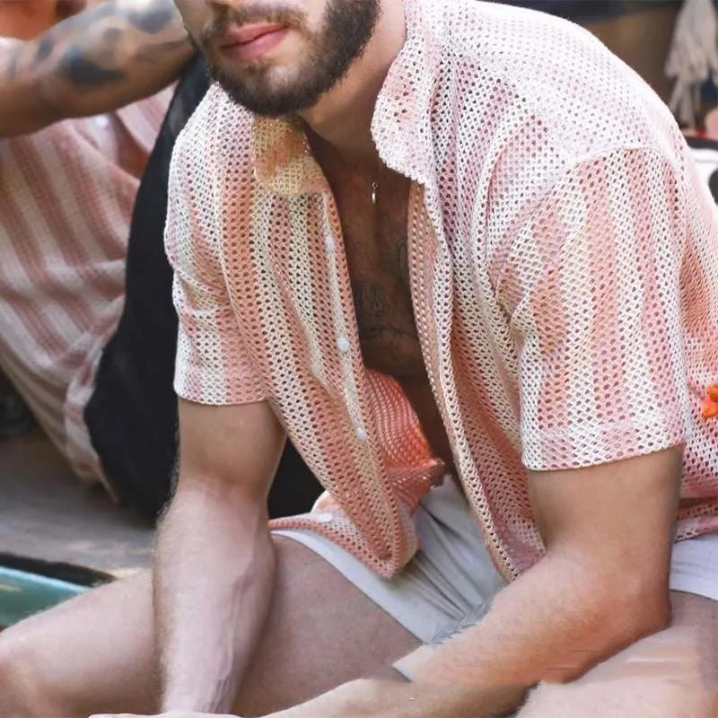 Men's pink waffle knit summer shirt with short sleeves and loose cardigan style