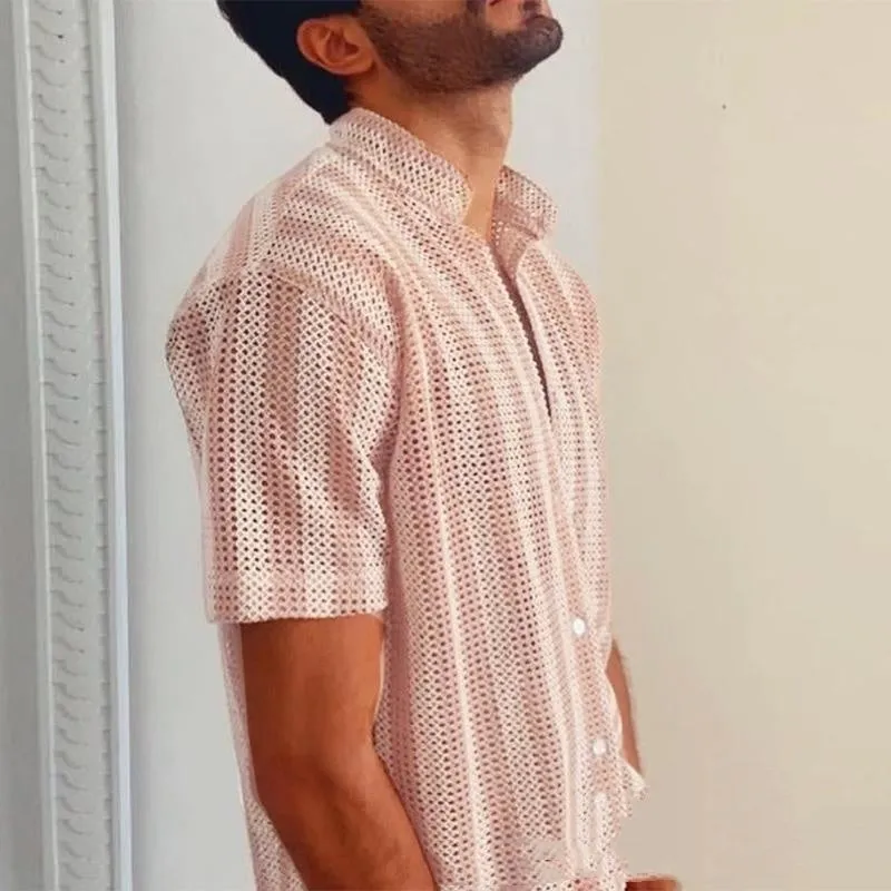 Men's pink waffle knit summer shirt with short sleeves and loose cardigan style