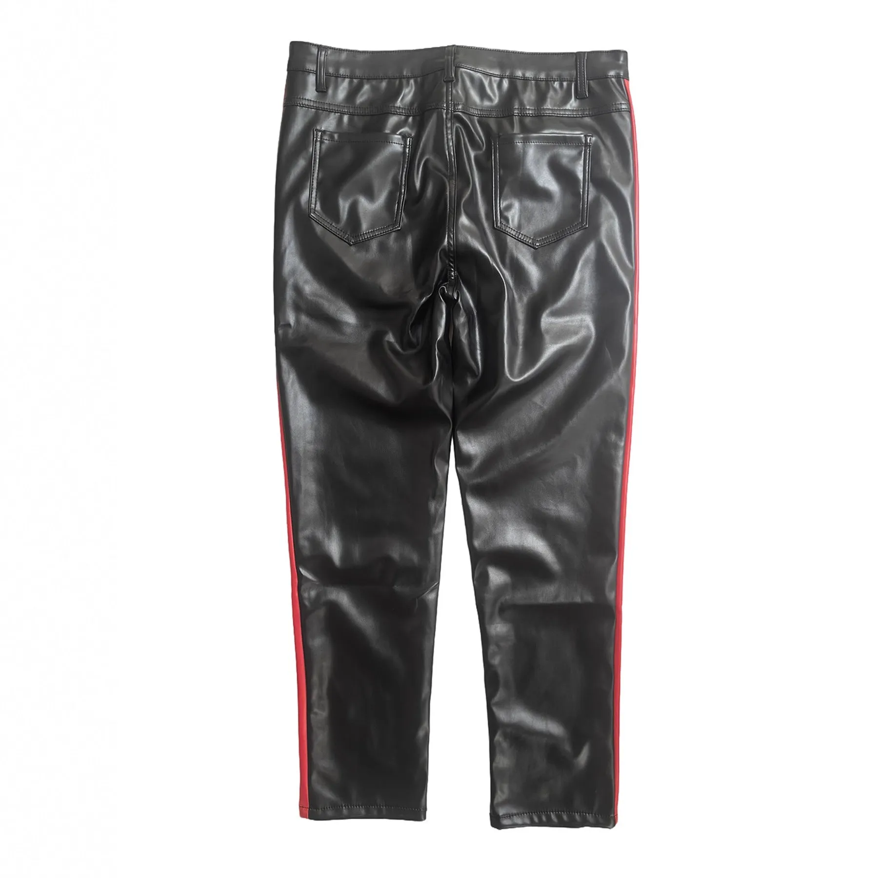 Black cropped PU leather skinny trousers for women with button fly, mid waist, dance and nightclub wear