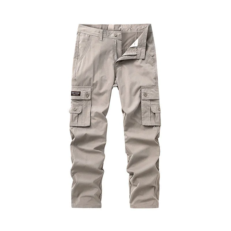 Multi-pocket cargo trousers in pure cotton with straight leg and drawstring mid waist in khaki green