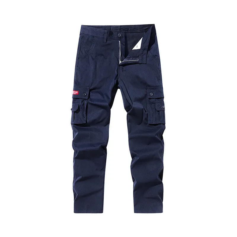 Multi-pocket cargo trousers in pure cotton with straight leg and drawstring mid waist in khaki green