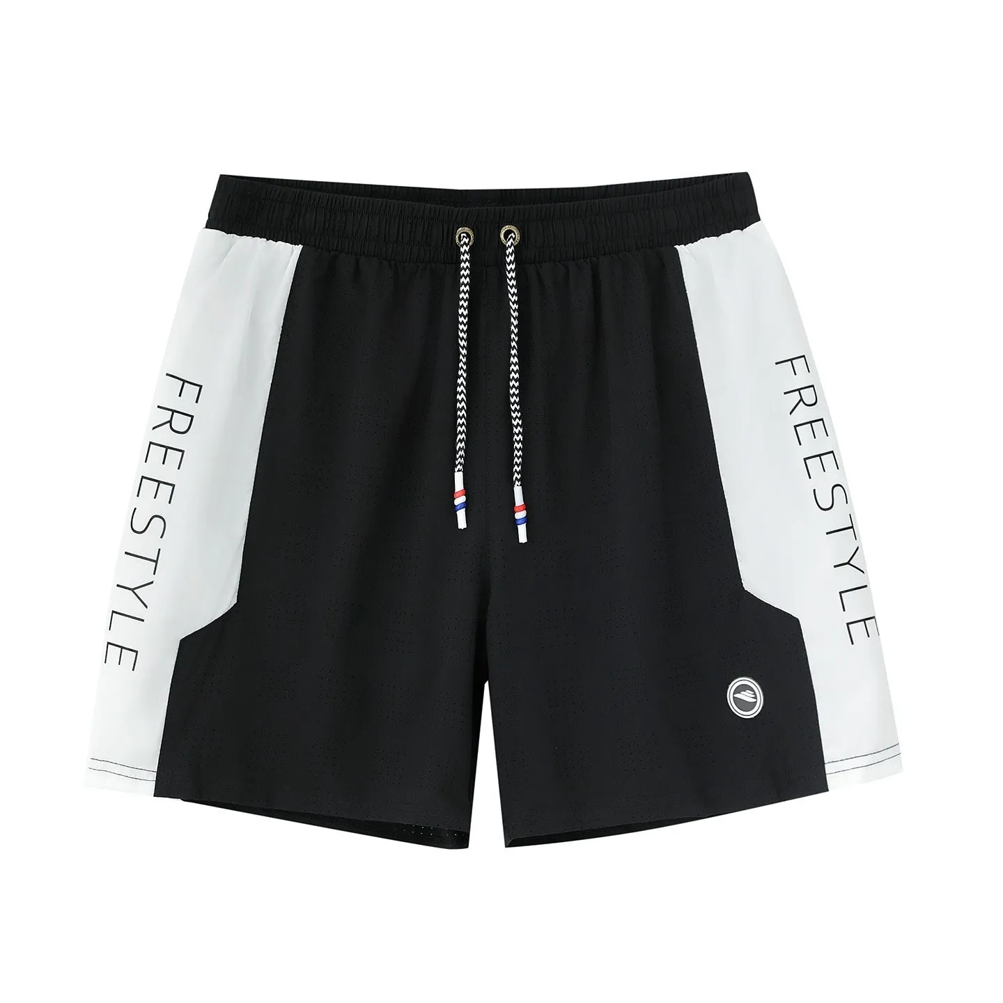 Men's loose five-point beach pants in black polyester with nylon lining, quick-dry for swimming and wading