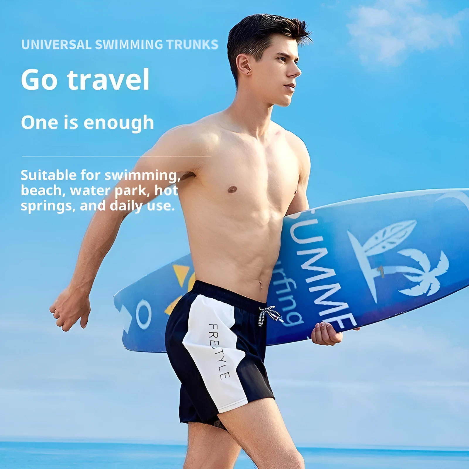 Men's loose five-point beach pants in black polyester with nylon lining, quick-dry for swimming and wading