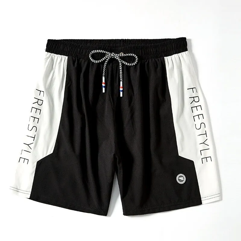 Men's loose five-point beach pants in black polyester with nylon lining, quick-dry for swimming and wading