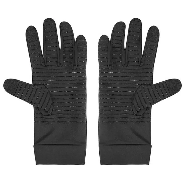 Copper fibre full finger touch screen gloves in Black with non-slip surface, knitted fabric construction