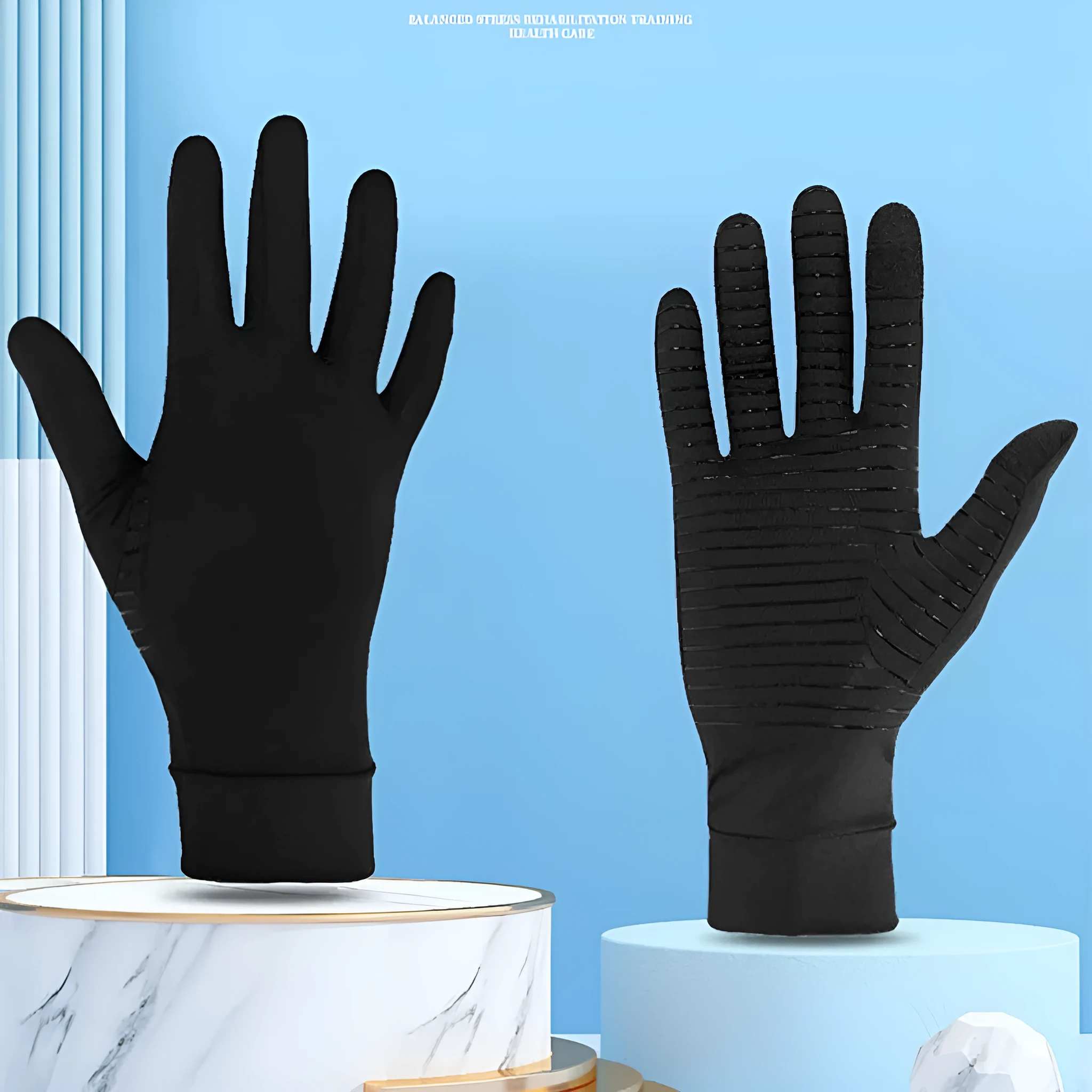 Copper fibre full finger touch screen gloves in Black with non-slip surface, knitted fabric construction