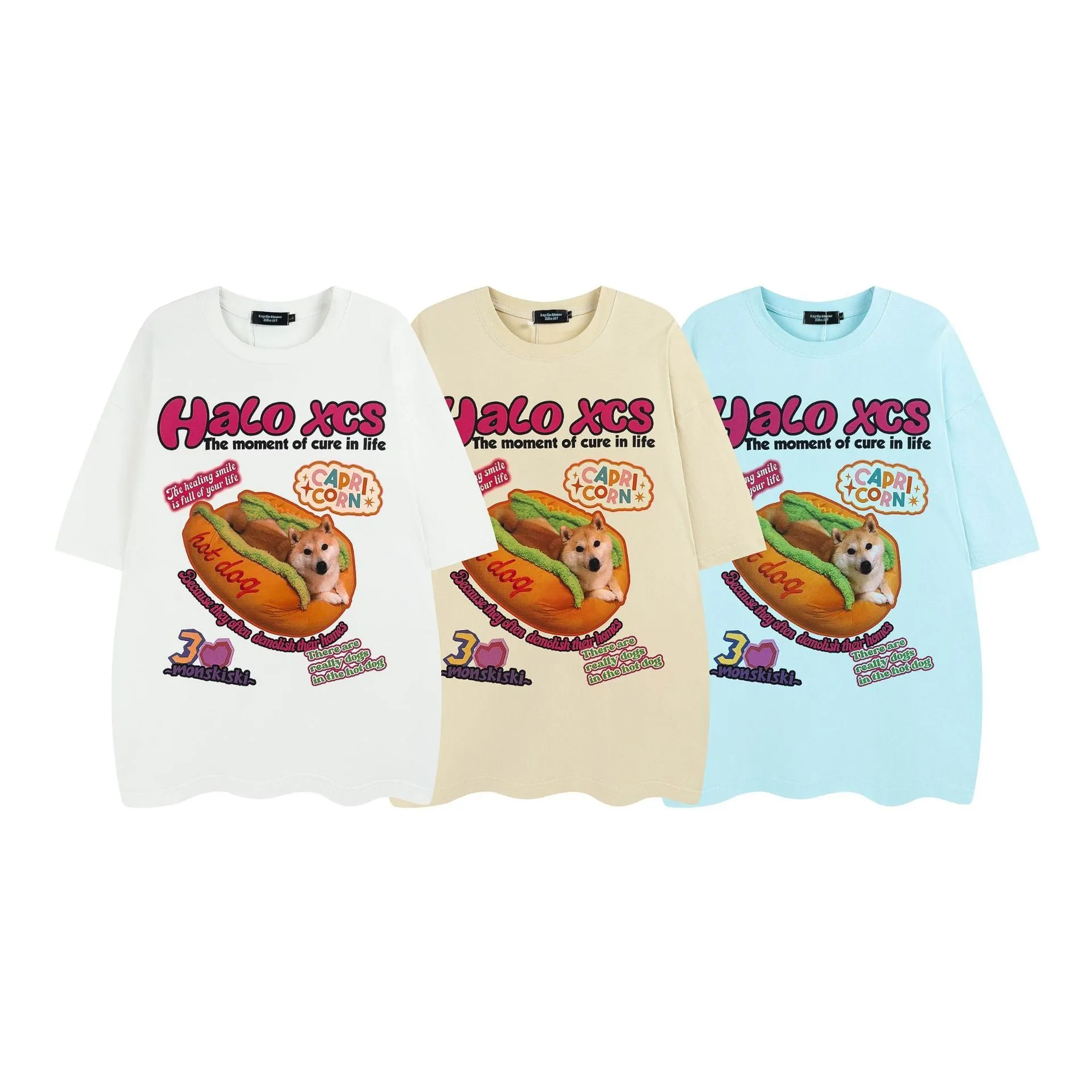 Cartoon hamburger dog printed loose cotton T-shirt in white, apricot, or sky blue
