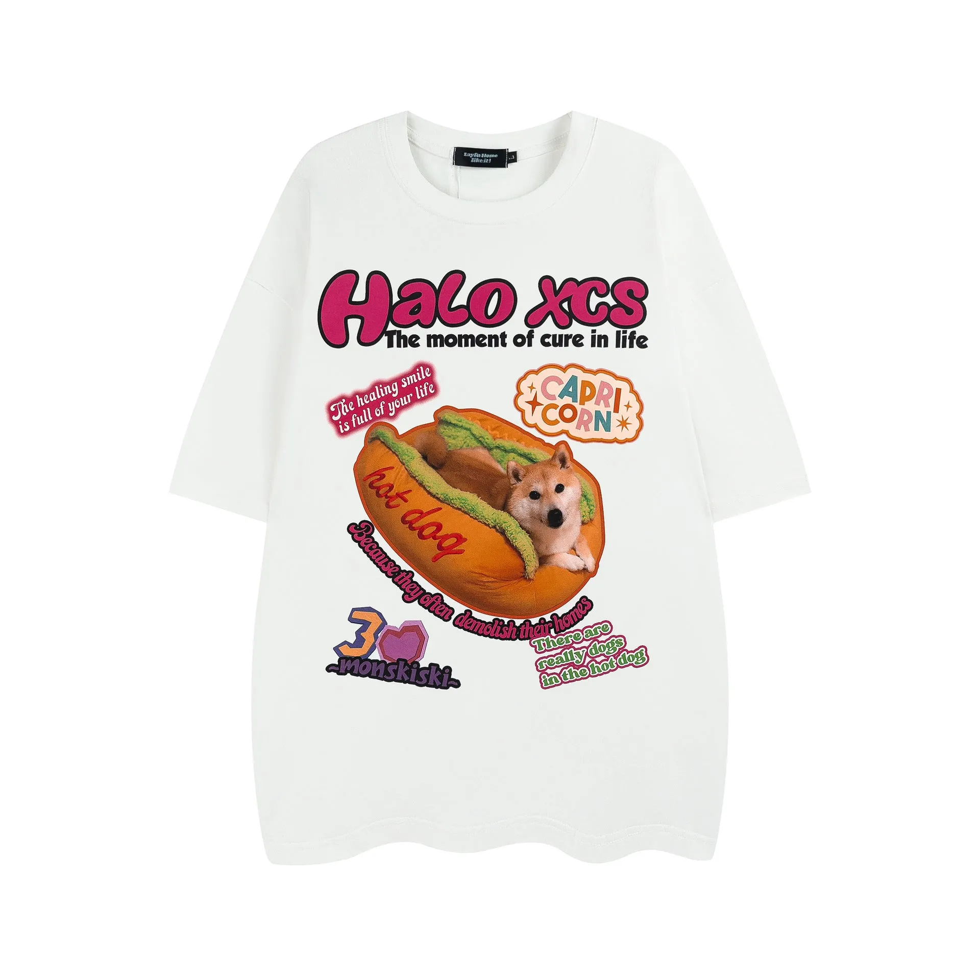 Cartoon hamburger dog printed loose cotton T-shirt in white, apricot, or sky blue