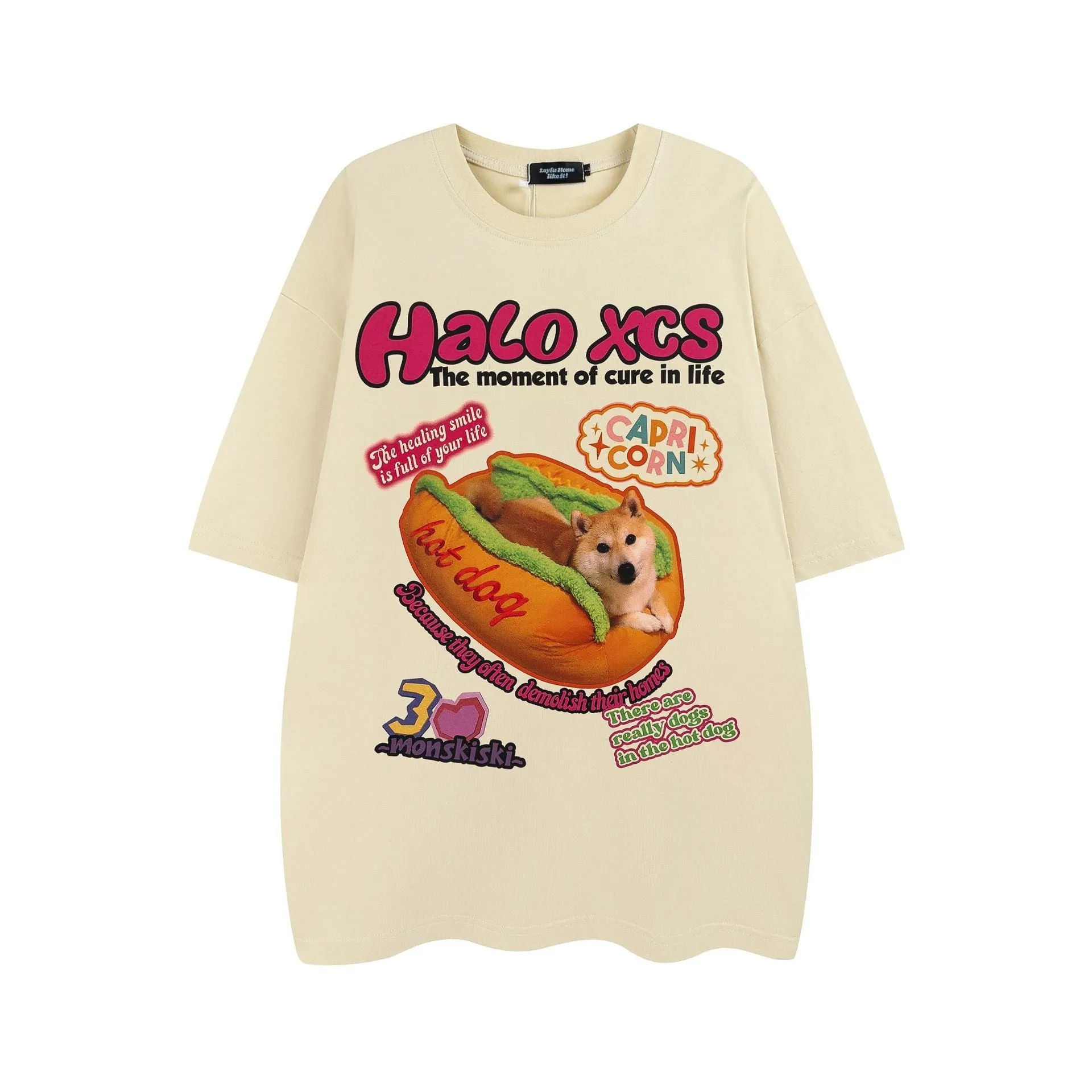 Cartoon hamburger dog printed loose cotton T-shirt in white, apricot, or sky blue