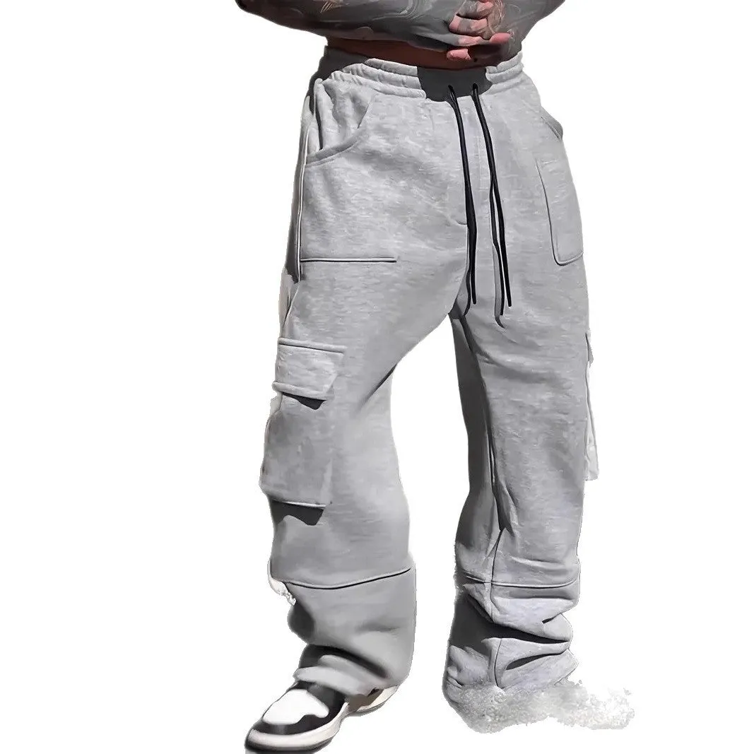 Loose wide leg American gray track sweatpants for teenagers in plus size, black colour, elastic waistband, polyester fibre