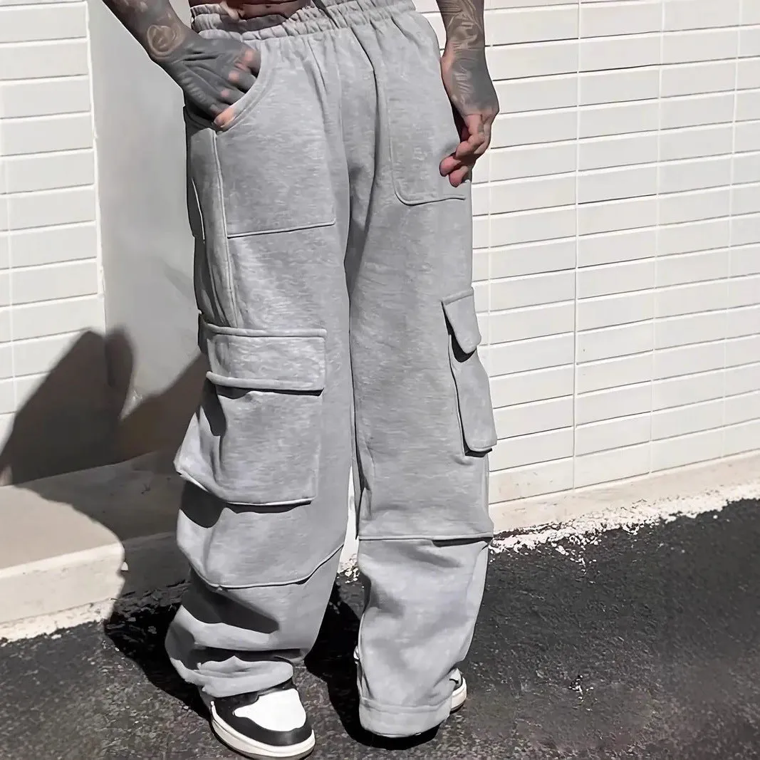 Loose wide leg American gray track sweatpants for teenagers in plus size, black colour, elastic waistband, polyester fibre
