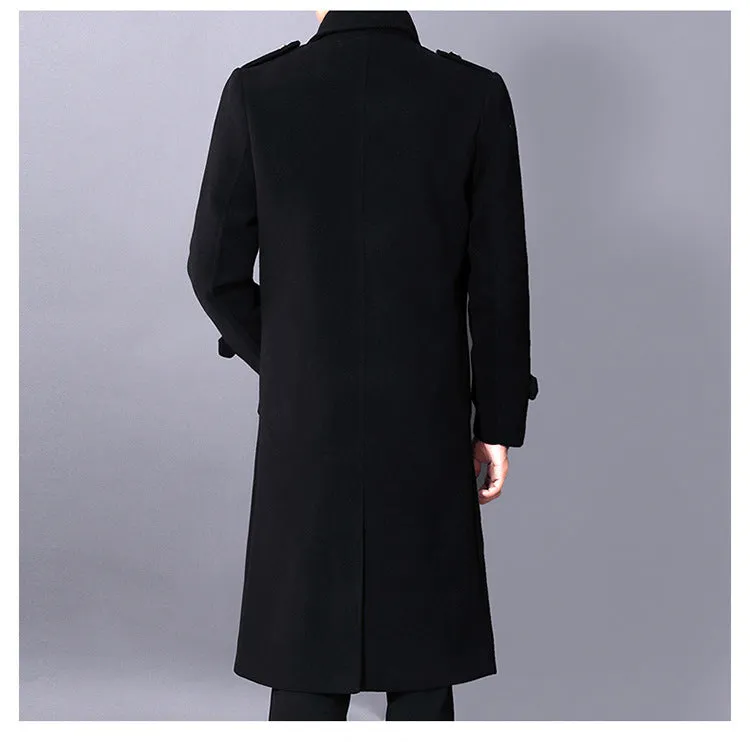 Men's black slim-fit medium-length polyester blend wool coat with pleated patch pockets