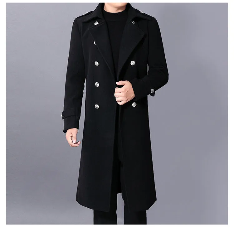 Men's black slim-fit medium-length polyester blend wool coat with pleated patch pockets