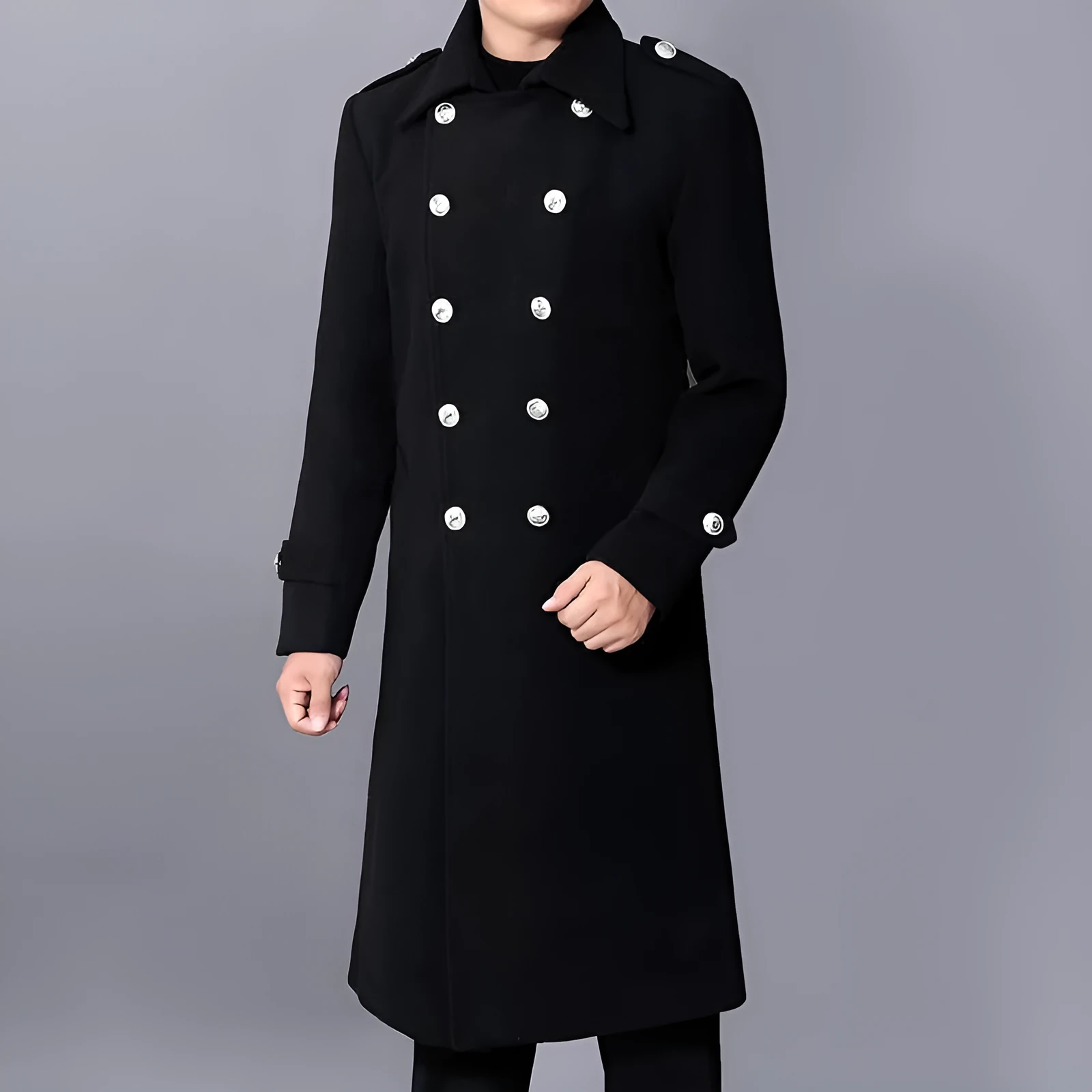 Men's black slim-fit medium-length polyester blend wool coat with pleated patch pockets