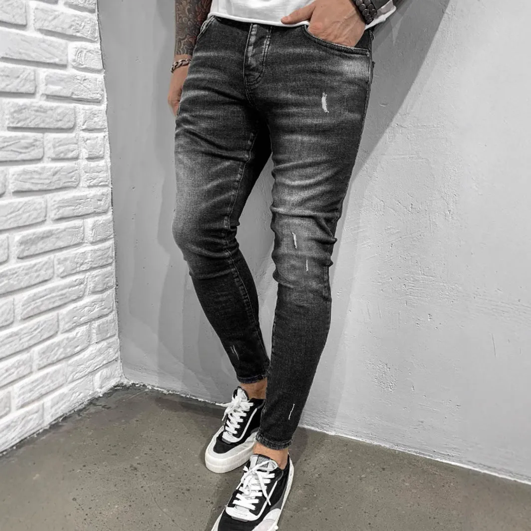 Gray ripped denim skinny pants for teenagers, cotton fabric, mid waist, zip fly, front view